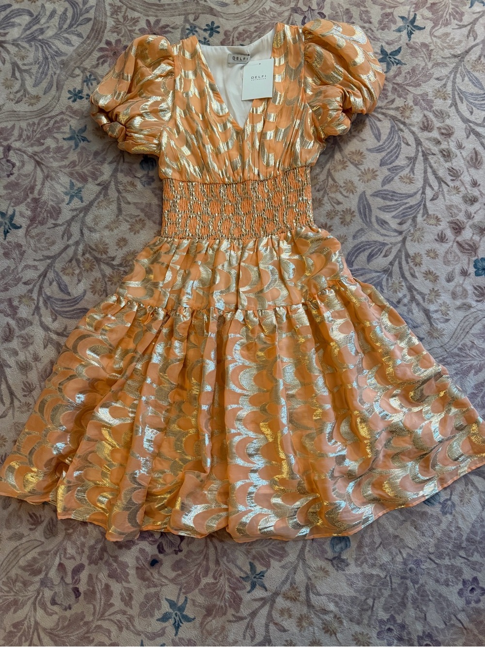 Delfi Collective Silk  Metallic Puff Sleeve Smocked Waist Dress